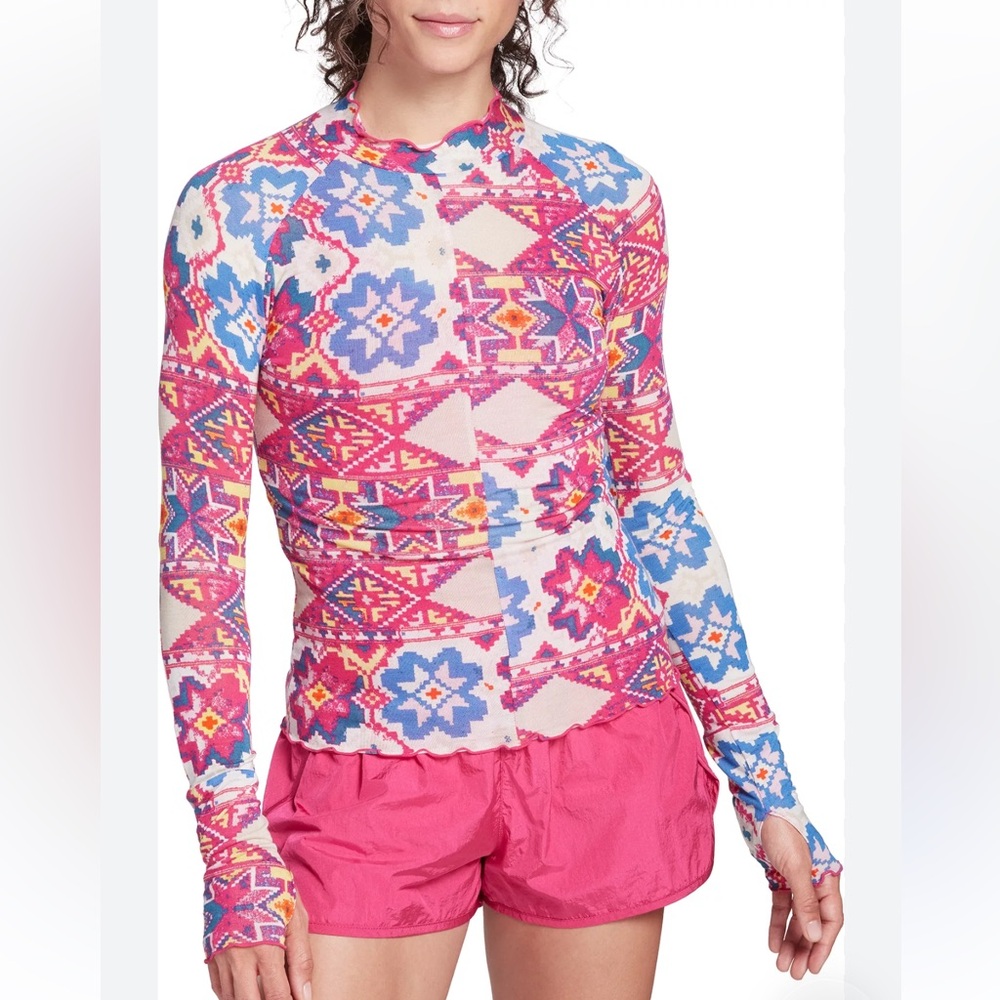 NEW FP Movement Semi Shear Mesh Top Thumbholes NWT Fairisle Magenta Print